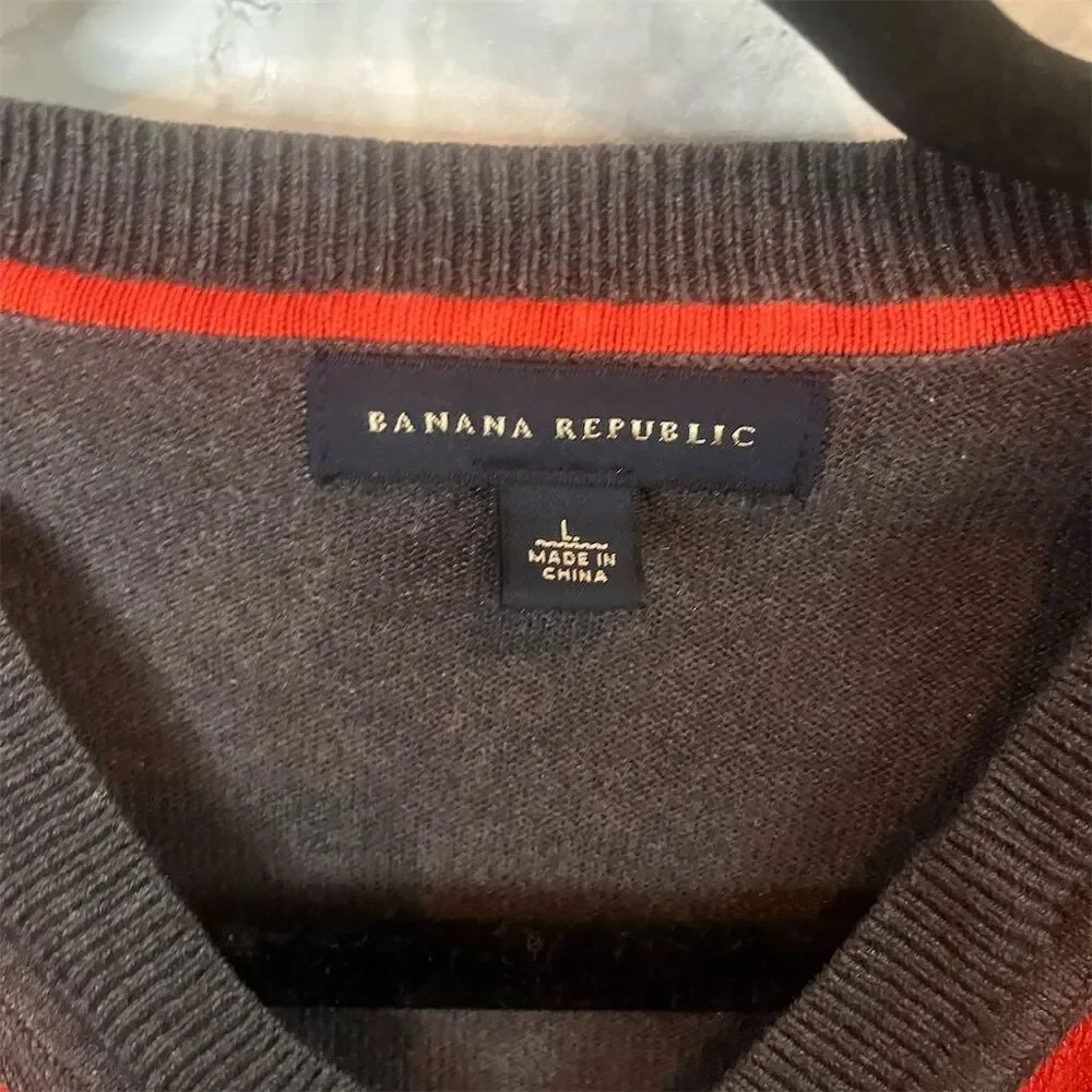 Banana Republic Men's V-Neck Argyle Sweater Gray Silk‎ Blend Size L